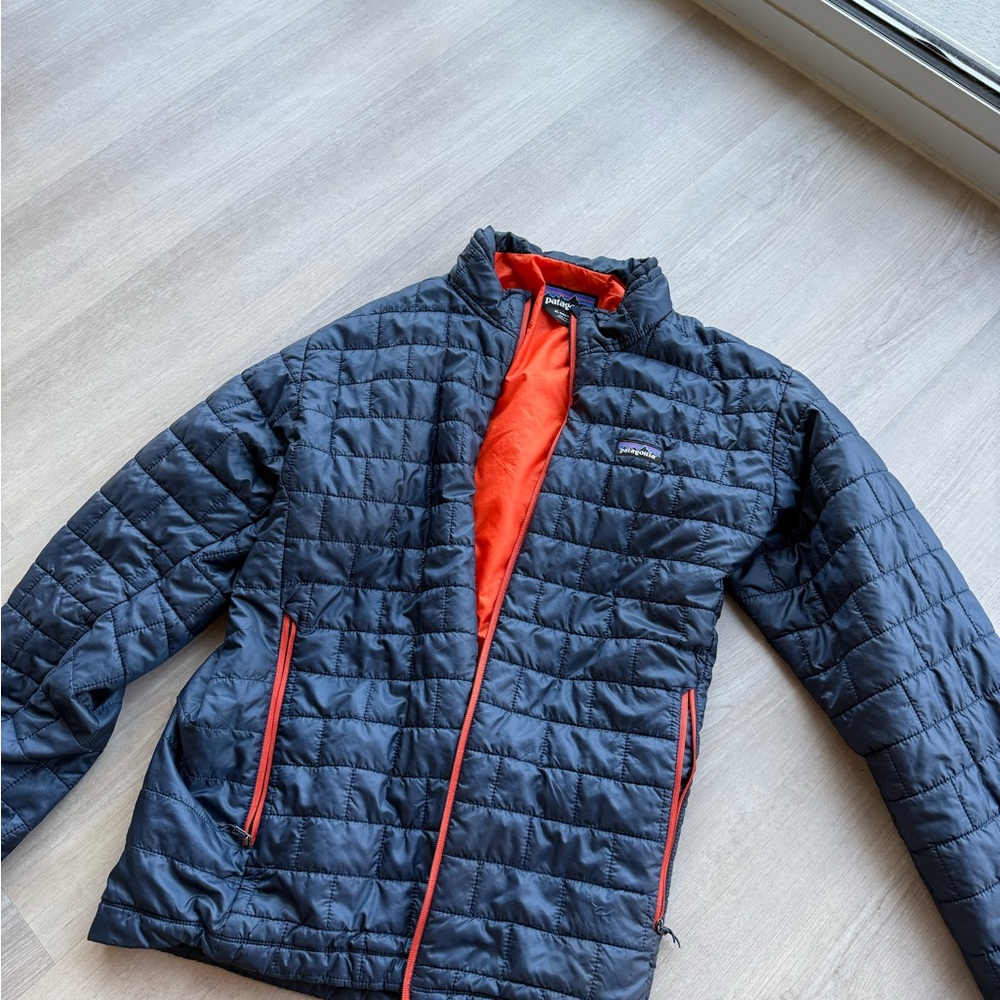 Patagonia Black and Orange Puffer Jacket with Quilted Design